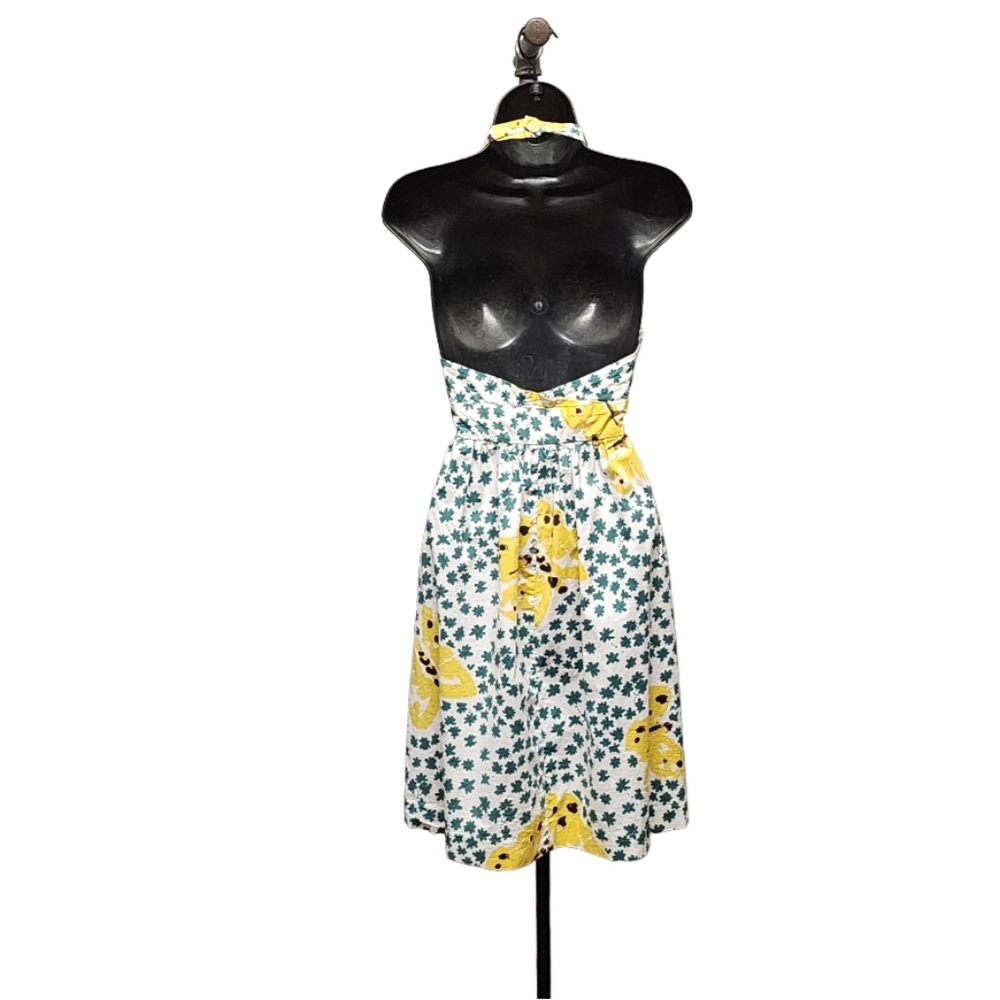 BETSEY JOHNSON Vintage Yellow & Green Butterfly Print Halter Tie Neck Dress, 8 - Picture 3 of 5